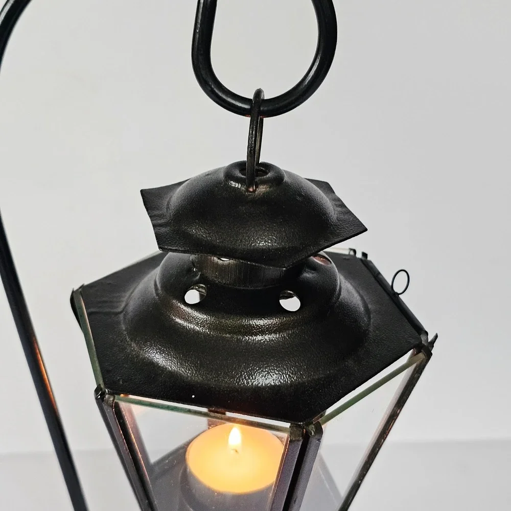 Vintage Indian Hanging Glass Lantern Black Metal Stand Gothic Witchy Home Decor